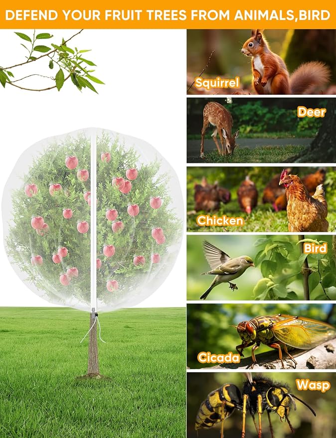 VITI Fruit Tree Netting for Cicadas - with 4Pcs 6Ftx5.3Ft Zipper&Drawstring Protection for Your Fruit Trees Garden Bird Netting Covers Blueberry Bush Tomato Bug Plant Protection Cherry Apple Tree