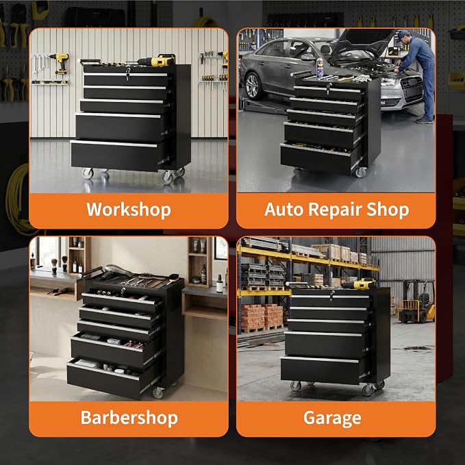 Garvee Rolling Tool Chest, 5 Drawers Tool Storage Cabinet, Toolbox with Wheels, Portable Tool Cabinet Organizer with Locking System & Drawer Liners, Tool Storage Cart for Garage, Workshop, Black