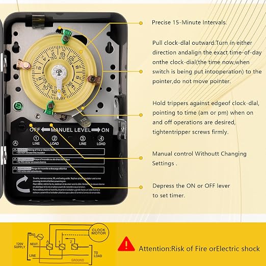 T104 Mechanical Timer Switch Replacement, 24-Hour Pool Timers for Pump | 208-277V AC DPST 40A, 24-hour 12 ON/Off timers for Pump Lights HVAC Systems