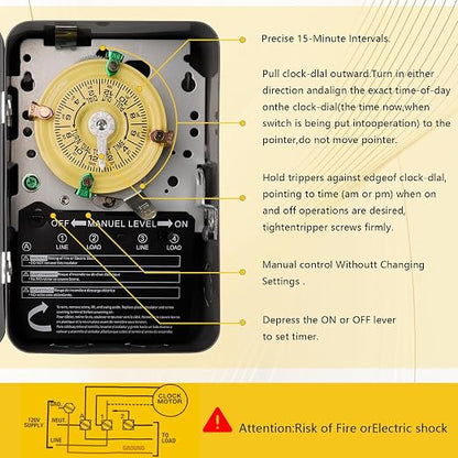 T104 Mechanical Timer Switch Replacement, 24-Hour Pool Timers for Pump | 208-277V AC DPST 40A, 24-hour 12 ON/Off timers for Pump Lights HVAC Systems
