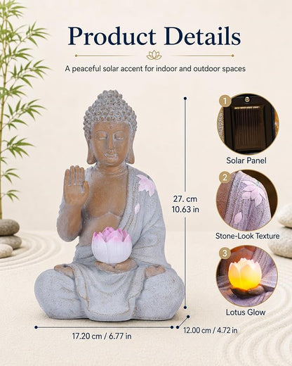 Nacome Solar Buddha Garden Statue Decor: Sitting Resin Figurine with Lotus Flower Light Zen Sculpture for Patio Lawn Yard Porch Balcony Meditation Space - 10.6 inches(White)