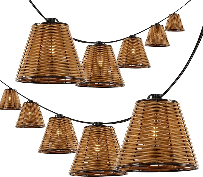 JONATHAN Y 10' Brown 10-Light Indoor/Outdoor LED String Lights for Patio, Classic Cottage Faux-Rattan Shaded Hanging Lights for Balcony, Deck, Coastal Decor JYL8706A