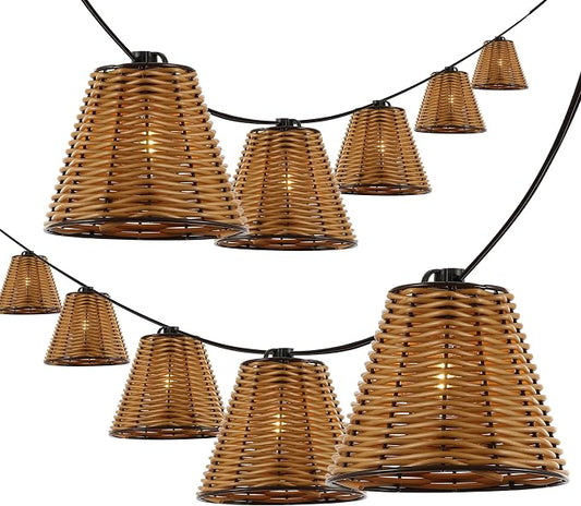 JONATHAN Y 10' Brown 10-Light Indoor/Outdoor LED String Lights for Patio, Classic Cottage Faux-Rattan Shaded Hanging Lights for Balcony, Deck, Coastal Decor JYL8706A