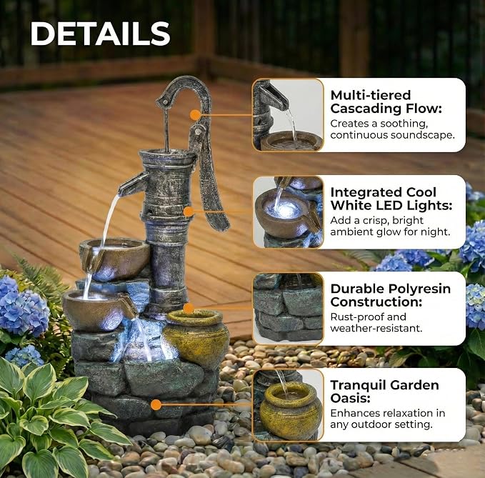 32 Inch Large Outdoor Fountain with Vintage Pump Design, Freestanding Resin Waterfall Feature, Weather Resistant Construction for Patio Yard Garden Backyard Entryway Decor
