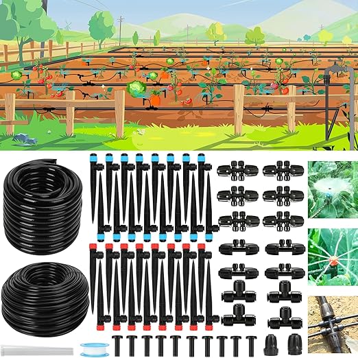 250FT Drip Irrigation System Kit, 50FT 1/2" Main Tube & 200FT 1/4" Tubing, Quick Connect Design, Brass Splitter, Adjustable Emitters & Misting Sprayers for Garden, Lawn, Raised Beds, Outdoor Plants