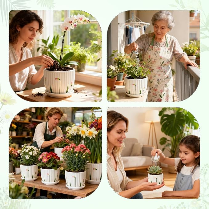 4 Pack Ceramic Orchid Pots with Drainage Holes and Tray 3.35+4.33+5.51+6.61 Inch Ceramic Plant Pot White Garden Planter for Indoor Outdoor Home Decor Gifts for Plant Lovers