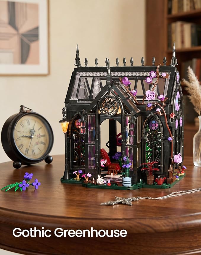 Gothic Greenhouse Building Set with Lights, Architecture Model with Stained Glass & Rose Vines, Botanical Garden Display with Flowers & Plants, Gothic Decor Building Blocks Gift for Adults 1378 Pieces