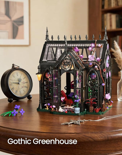 Gothic Greenhouse Building Set with Lights, Architecture Model with Stained Glass & Rose Vines, Botanical Garden Display with Flowers & Plants, Gothic Decor Building Blocks Gift for Adults 1378 Pieces