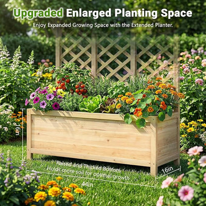 DoCred Raised Garden Bed with Trellis, 44" L x 16" W x 59" H Freestanding Elevated Planter Box for Climbing Plants, Outdoor Wooden Privacy Screen with Garden Box for Backyard Patio Balcony Decoration