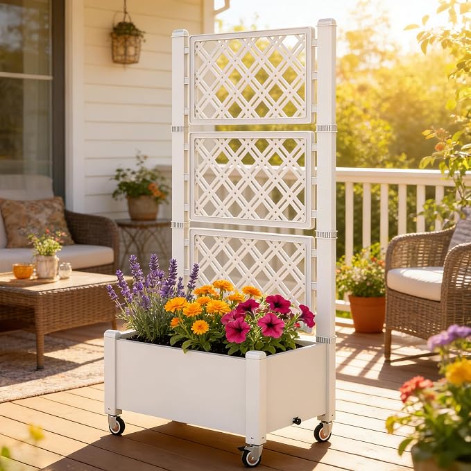 Miory 60" Raised Garden Bed with Trellis & Wheels, Vertical Gardening Planter Box with Water Level Indicator and Drainage System for Garden Outdoor Patio Balcony