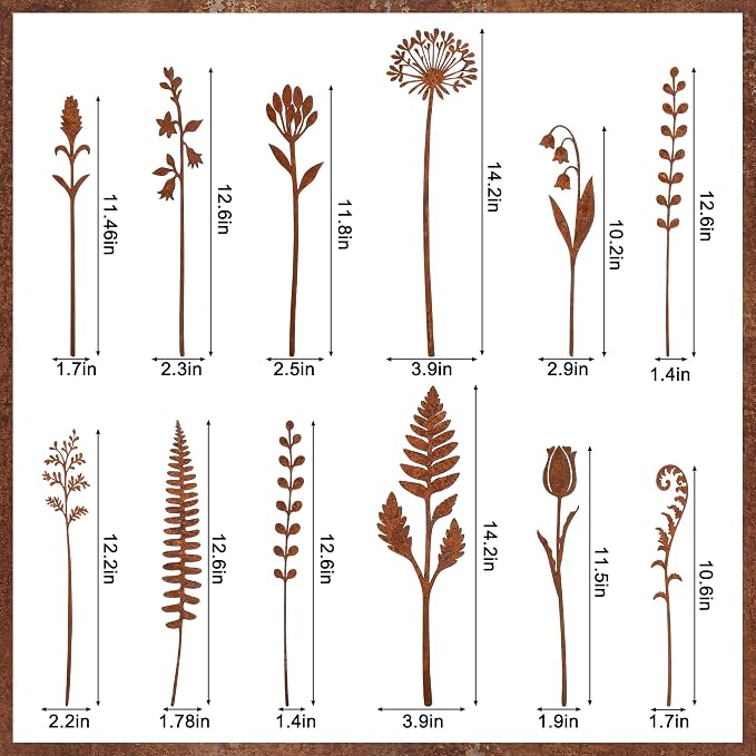 12 Pcs Rusty Metal Flowers and Plants, Rustic Metal Fern Leaf Garden Stakes, Rusty Plant Shaped Decoration for Flower Arrangement Potted Plants Outdoor Lawn Yard Courtyard Art