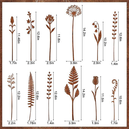 12 Pcs Rusty Metal Flowers and Plants, Rustic Metal Fern Leaf Garden Stakes, Rusty Plant Shaped Decoration for Flower Arrangement Potted Plants Outdoor Lawn Yard Courtyard Art