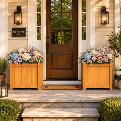 2-Pack 16" Square Fir Wood Planter Boxes with Drainage Holes | Set of 2 fir wood planters with removable bases, liners, and drainage holes for flowers, herbs, porch, patio, or garden