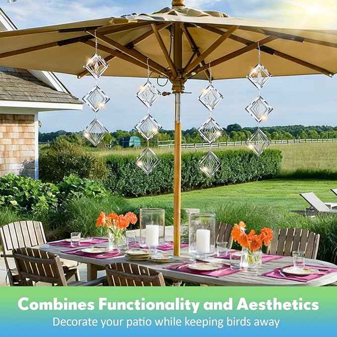 Bird Deterrents for Outside, 12 Discs Stainless Steel 3D Wind Spinners Garden Decor, 4 Sets Reflective Bird Scare Devices to Keep Woodpeckers, Pigeons Away from Patio, Balcony, Porch, Deck