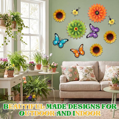 Therwen 10 Pcs Metal Wall Art Decor for Outside 3D Metal Sunflower Backyard Decorations Hanging Outdoor Wall Art Multicolored Flowers for Garden Fence Patio Yard Outdoor Porch