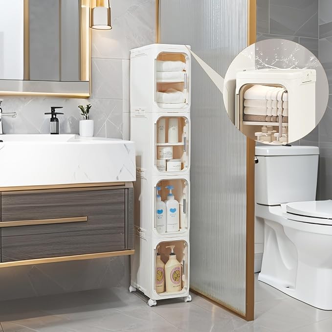 LXLXXL 4-Tier Narrow Storage Cabinet Slim Bathroom Storage Cabinet with Movable Wheels Tall Bathroom Organizer Skinny Cabinet for Small Spaces，Beige
