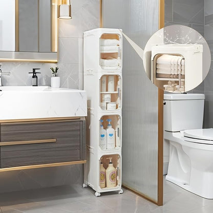 LXLXXL 4-Tier Narrow Storage Cabinet Slim Bathroom Storage Cabinet with Movable Wheels Tall Bathroom Organizer Skinny Cabinet for Small Spaces，Beige
