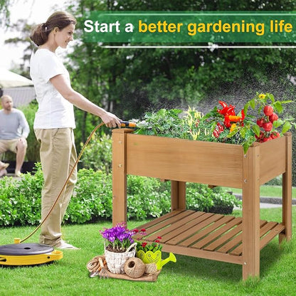 Raised Garden Beds Outdoor With Legs, Wood Elevated Garden Box With L-Connection Tabs，Storage Shelf , Leg Reinforcement，Suitable For Vegetables, Flowers And Herbs, Easy To Assemble, 33.5X18X 30IN