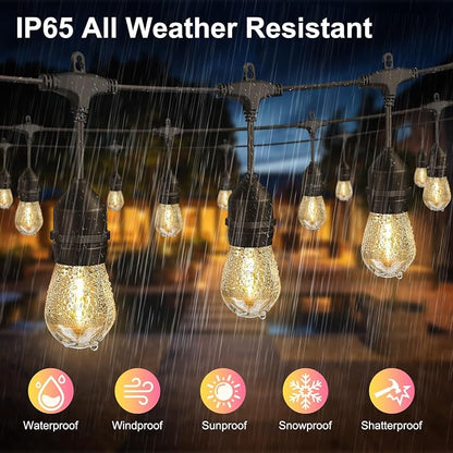 50FT LED Outdoor String Lights with 15+2 Shatterproof Bulbs, IP65 Waterproof, Commercial Grade Patio String Lights for Outside Porch Backyard Garden Deck Decor, 2700K Dimmable