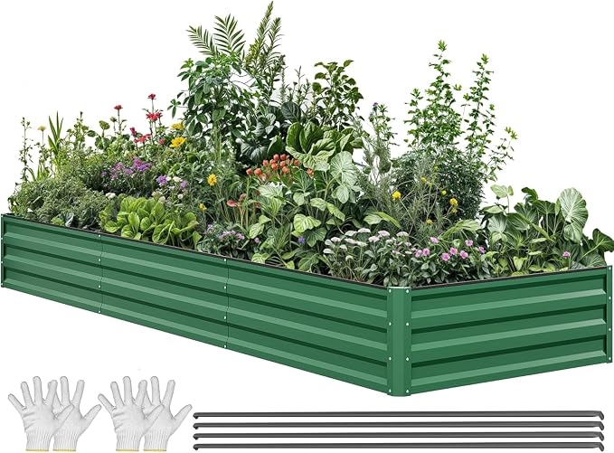 YITAHOME 144x48x12 in Galvanized Raised Garden Bed Kit, Large Metal Planter Box with Gloves, Safety Rubber & Support Rod, Outdoor Flower Bed for Plants Vegetables, Green