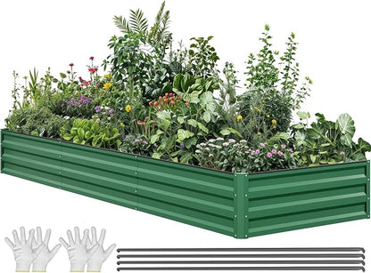 YITAHOME 144x48x12 in Galvanized Raised Garden Bed Kit, Large Metal Planter Box with Gloves, Safety Rubber & Support Rod, Outdoor Flower Bed for Plants Vegetables, Green