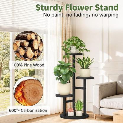 LASZOLA 3 Tiered Wood Plant Stand Indoor Corner with Grow Lights, Flower Holder Rack Tall for Multiple Plants, Rustic Planter Shelf Display for Patio Garden Balcony Living Room, Black