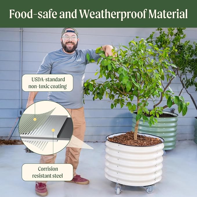 Rolling Metal Citrus Tree Planter Pot, 21″ Round Planter Box for Porch Patio & Backyard, 20 Gallon Large Planter Pot with Wheels for Growing Olive Trees Tomatoes Vegetables Flowers, 2 Pack Pearl White