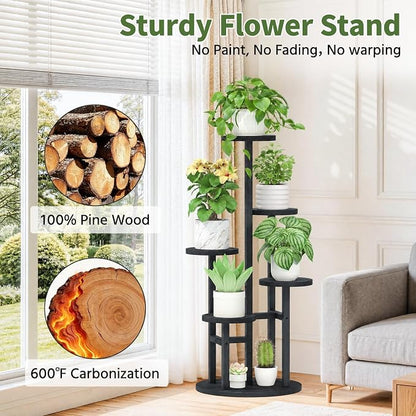 LASZOLA 5 Tiered Wood Plant Stand Indoor Corner, Flower Holder Rack Tall for Multiple Plants, Rustic Planter Shelf Display for Patio Garden Balcony Living Room， Black