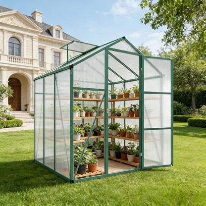 6x6 FT Greenhouse, Walk-in Heavy Duty Polycarbonate Outdoor Greenhouses with Raised Base & Anchor, Height-Enhanced Aluminum Frame, & Drainage System for Backyard All Season Growing, Green