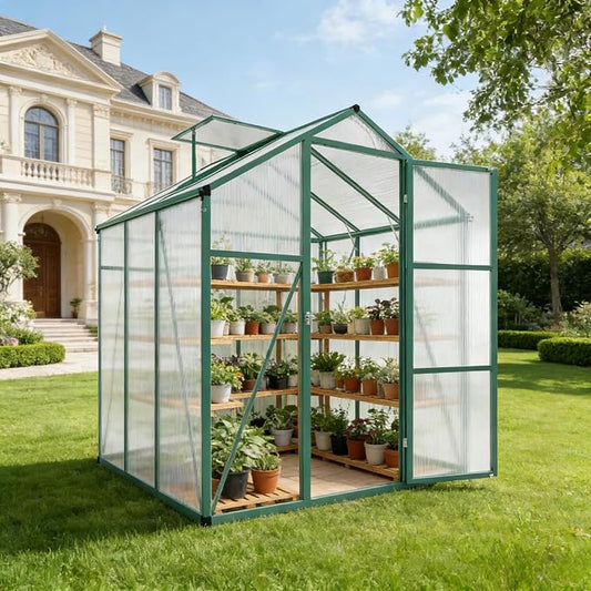 6x6 FT Greenhouse, Walk-in Heavy Duty Polycarbonate Outdoor Greenhouses with Raised Base & Anchor, Height-Enhanced Aluminum Frame, & Drainage System for Backyard All Season Growing, Green