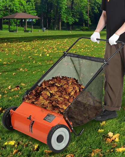 GarveeLife 26 Inch Push Lawn Sweeper with 4 Spinning Brushes, 7 Cu.ft Large Capacity Leaf Collector, Adjustable Height Grass Sweeper, All Terrain Lawn Leaf Debris Removal Tool for Yard Garden Patio
