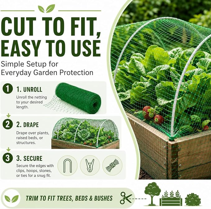 Garden Netting, 13 x 40 FT Bird Netting for Garden Plant Protection, Reusable Fine Mesh for Fruit Trees, Vegetable Plants, Blueberry Bushes, Raised Beds, Chicken Coop (13x40ft)