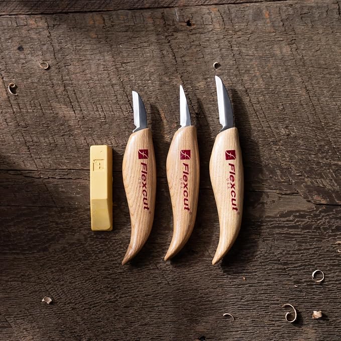 Flexcut Wood Carving Knives | Starter Set of 3 Woodcarving Knives | 1095 High Carbon Steel Blades | Ergonomic Ash Wood Handles for Beginners and Hobbyists | KN500 | Made in the U.S.A