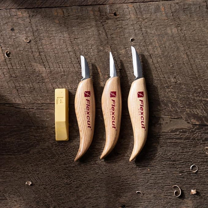 Flexcut Wood Carving Knives | Starter Set of 3 Woodcarving Knives | 1095 High Carbon Steel Blades | Ergonomic Ash Wood Handles for Beginners and Hobbyists | KN500 | Made in the U.S.A
