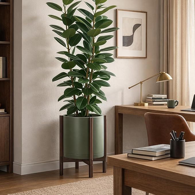 D'vine Dev Plastic Pot with Walnut Wood Stand, Olive, 14 in, 55-C-R-4 | Mid-Century Inspired Design, Elevated Plant Display, Clean Lines, Sturdy Support, Modern Space-Saving Style