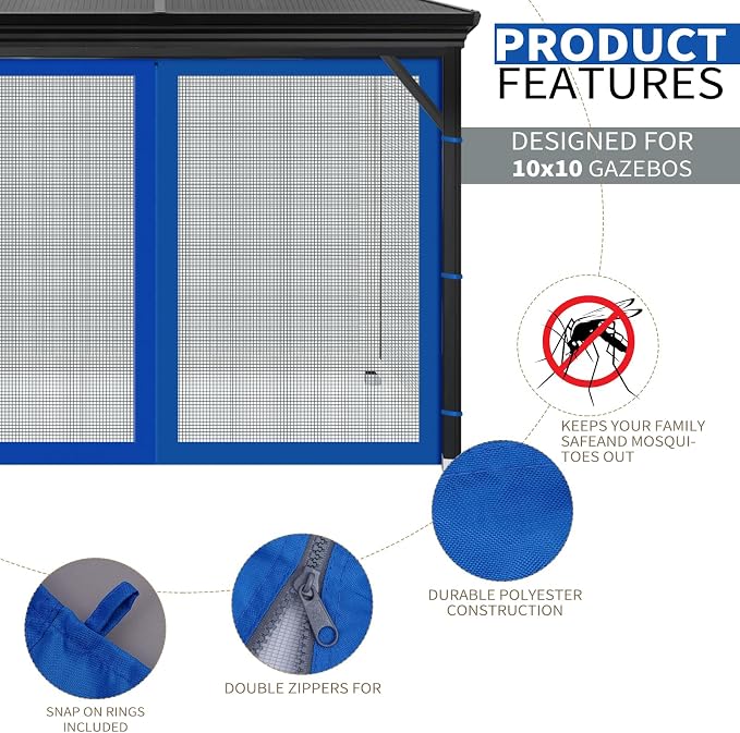 Gazebo Universal Replacement Mosquito Netting, Outdoor Mesh Netting Screen 4-Panel Sidewall with Zipper for Patio, Canopy, Garden and Backyard, Gray(Mosquito Net Only) (Blue, 10' x 10')