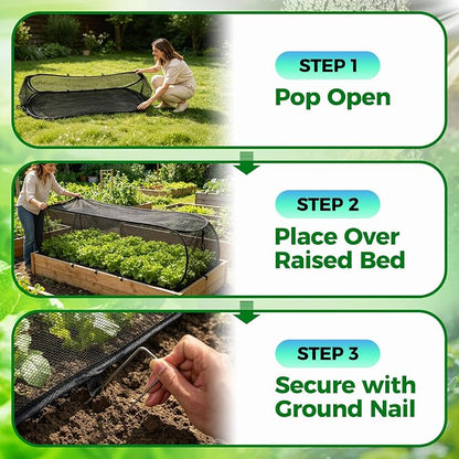 BobbleT 2 Pack Garden Covers for Raised Beds, Pop Up Mesh Plant Cover with 30% Sunblock Shade Cloth, Crop Cage for Seedlings & Vegetables, Black Outdoor Garden Bed Cover with 16 Metal Stakes