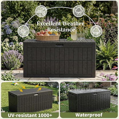 100 Gallon Outdoor Storage Box, Waterproof Lockable Deck Box | Resin Storage Bin for Patio Furniture Cushions, Garden Tools, Pool Supplies Organization, Indoor & Outdoor Use