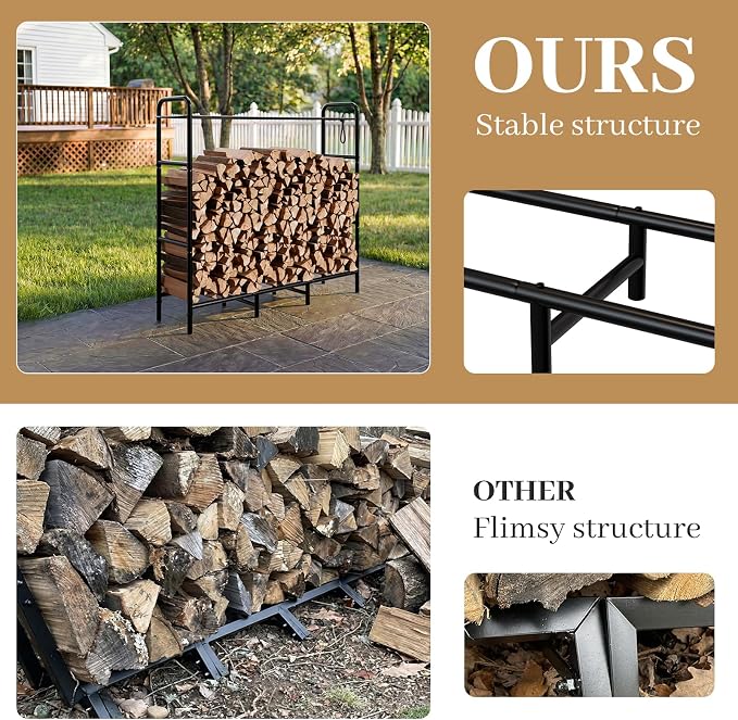 Firewood Rack 4FT Heavy Duty Metal, Outdoor Indoor Log Holder Stand for Fireplace Wood Storage, Wood Pile Stacker Organizer for Patio, Black