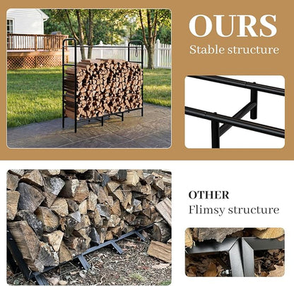 Firewood Rack 4FT Heavy Duty Metal, Outdoor Indoor Log Holder Stand for Fireplace Wood Storage, Wood Pile Stacker Organizer for Patio, Black