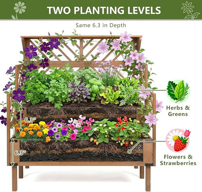 ketive 2 Tier Raised Garden Bed with Trellis & Top Shelf, Elevated Wooden Planter Box for Vegetables Flowers Herbs, Outdoor Vertical Gardening Planter for Backyard Patio Balcony