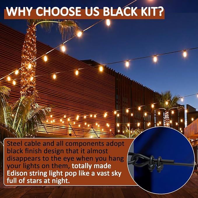 String Light Hanging Kit, All-Black Globe String Lights Suspension Kit w/ 100FT PVC Coated Steel Cable & Enough Accessories, Guide Wire for Outdoor String Light, Patio Light, Camping Light