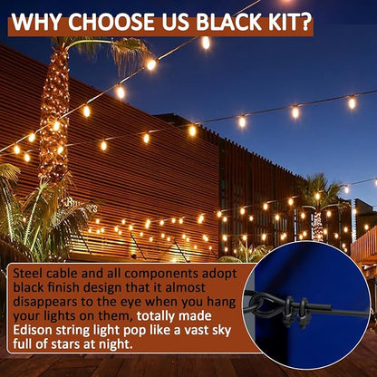 String Light Hanging Kit, All-Black Globe String Lights Suspension Kit w/ 100FT PVC Coated Steel Cable & Enough Accessories, Guide Wire for Outdoor String Light, Patio Light, Camping Light