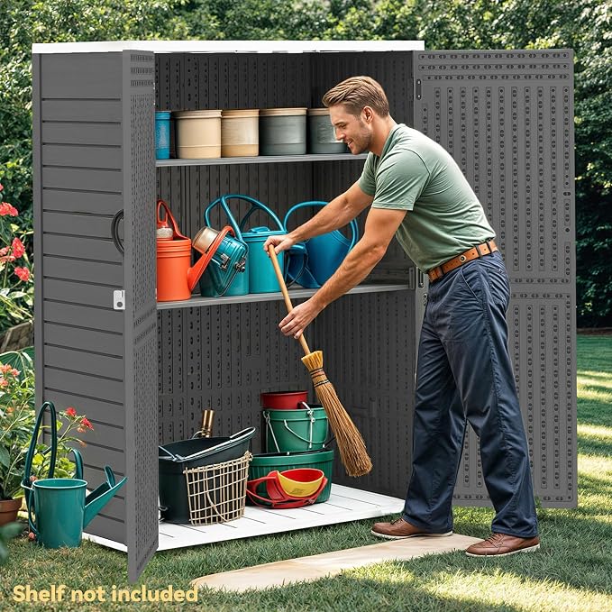 DWVO 59 Cu. Ft. Vertical Storage Shed, Weatherproof Outdoor Tall Cabinet with Double-Wall Panels and Floor, Lockable Resin Shed for Garden, Garage, Patio, Dark Gray (Shelves Not Included)