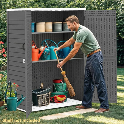 DWVO 59 Cu. Ft. Vertical Storage Shed, Weatherproof Outdoor Tall Cabinet with Double-Wall Panels and Floor, Lockable Resin Shed for Garden, Garage, Patio, Dark Gray (Shelves Not Included)