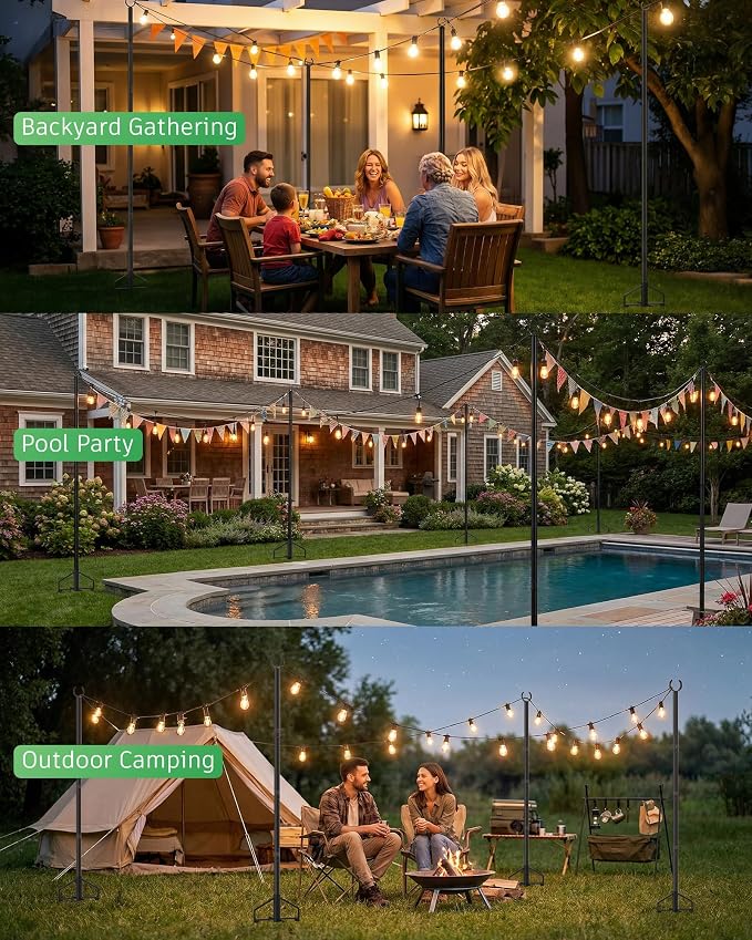 LAND·VOI String Light Poles 2 Pack, Heavy Duty Outdoor Light Poles with Upgraded 5‑Prong Base, Anti‑Bending Stable Design for Backyard Patio Garden Wedding Party Decoration