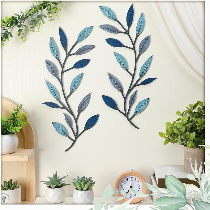 Zhengmy 2 Pieces Metal Tree Leaf Wall Decor Vine Olive Branch Leaf Wall Art Living Room, Hallway Wall Decor Outdoor Decoration(Vintage Blue)