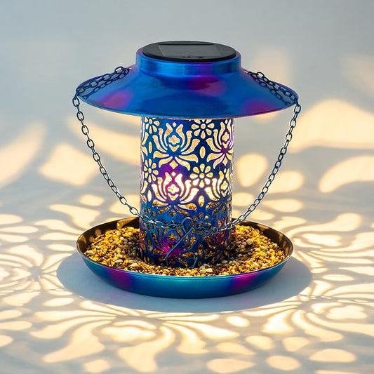 Ottsuls Solar Bird Feeder for Outdoors Hanging, Metal Wild Cardinals Garden Lantern with S Hook, Weatherproof and Water Resistant Birdfeeders as Gift Idea for Women Mom Grandma Bird Lovers (Blue)