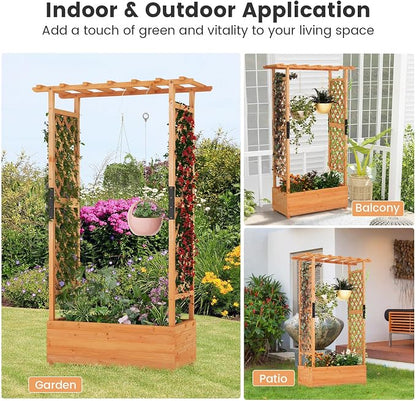 ORALNER Raised Garden Bed with Trellis, Wooden Planter Box with Climbing Frame, Outdoor Elevated Garden Box for Vegetables, Herbs, Flowers, Fruits (Medium)