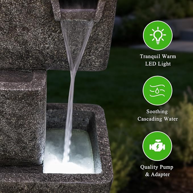 27.6" H Outdoor Modern Water Fountain, Floor Standing Indoor Waterfall Fountain, Outdoor Water Fountain with Lights, Home Decor for Garden Patio Porch Yard Backyardard